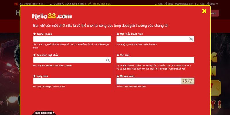Hoàn tất biểu mẫu đăng ký Hello88